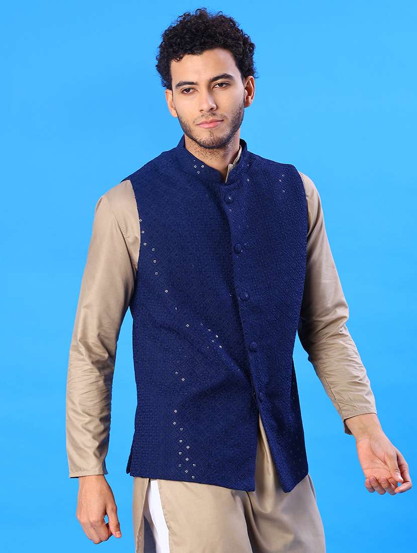 men solid with work mandarin neck regular fit nehru jacket - 22005255 -  Standard Image - 1