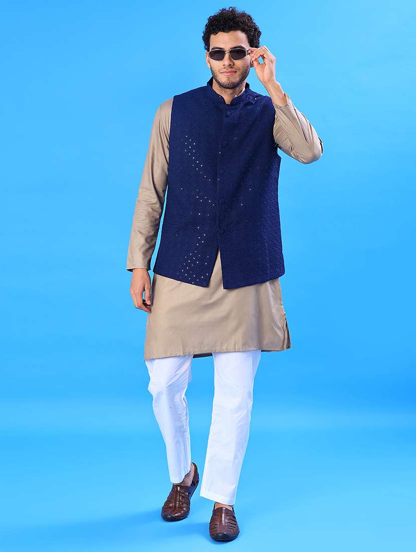 men solid with work mandarin neck regular fit nehru jacket - 22005255 -  Standard Image - 4