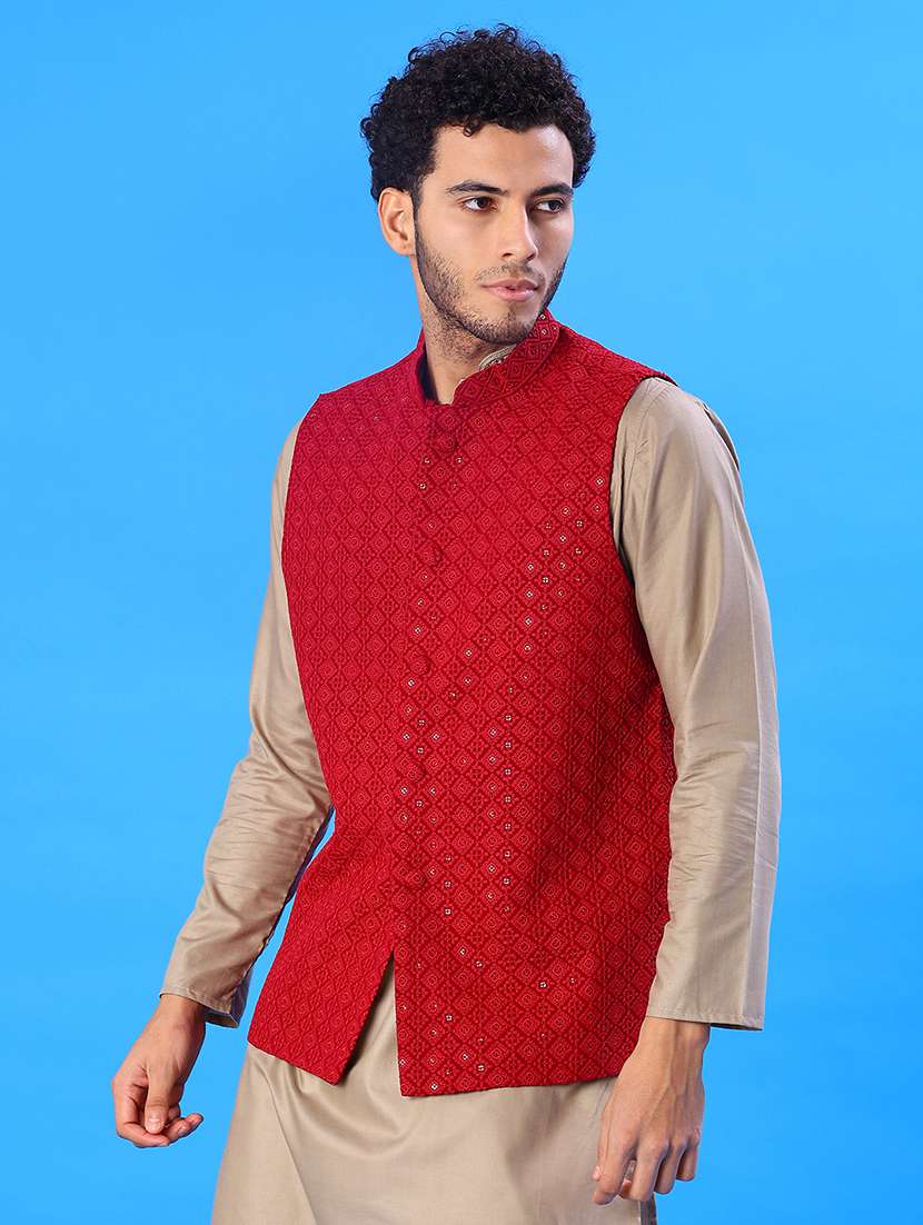 men solid with work mandarin neck regular fit nehru jacket - 22005256 -  Standard Image - 1
