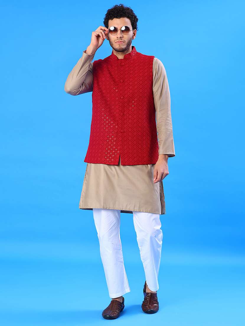 men solid with work mandarin neck regular fit nehru jacket - 22005256 -  Standard Image - 4