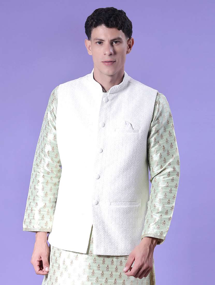 men solid with work mandarin neck regular fit nehru jacket - 22005257 -  Standard Image - 1
