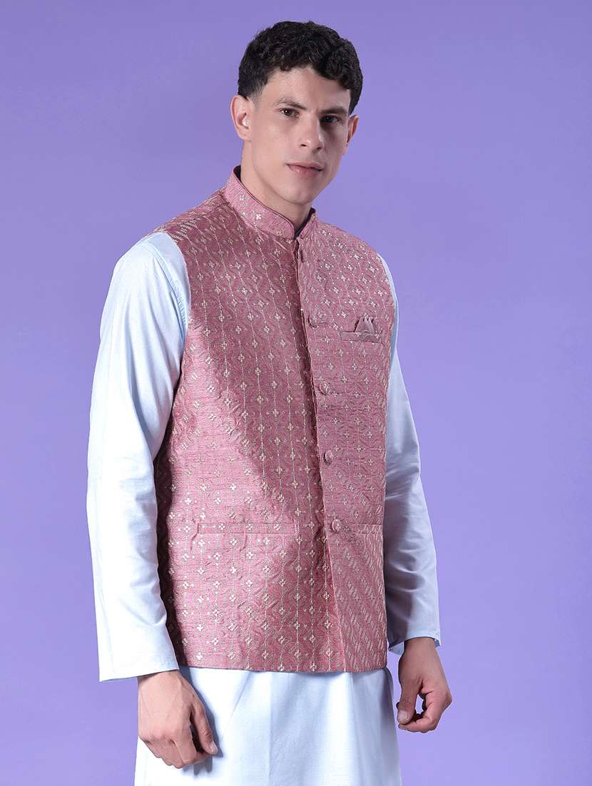 men solid with work mandarin neck regular fit nehru jacket - 22005260 -  Standard Image - 1
