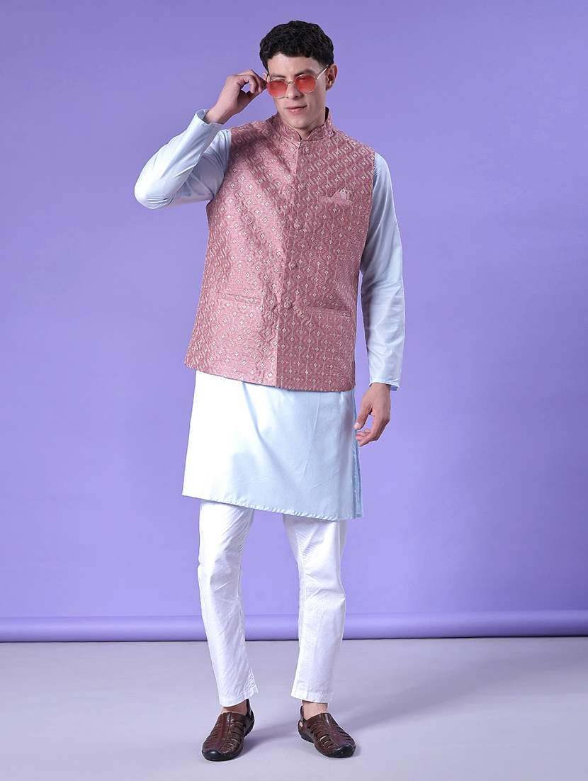 men solid with work mandarin neck regular fit nehru jacket - 22005260 -  Standard Image - 4