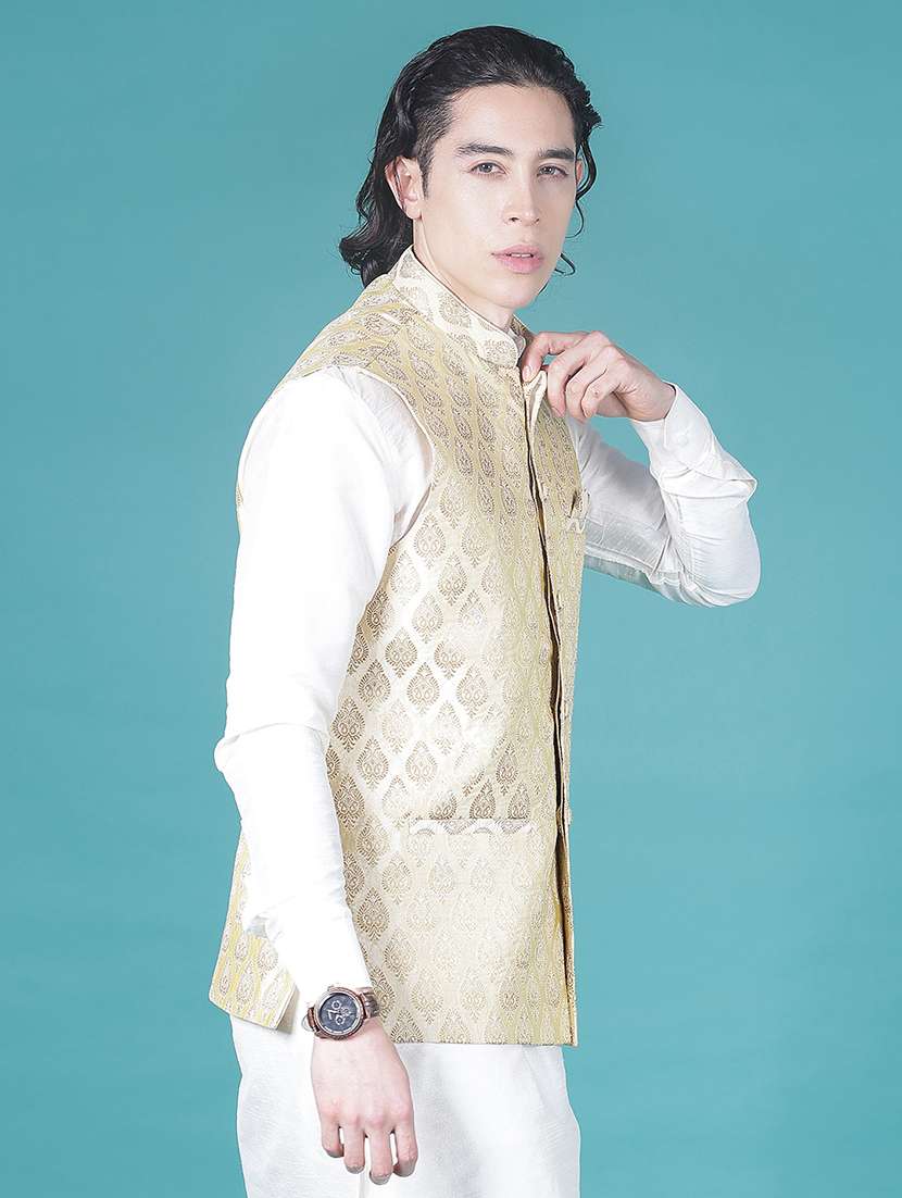 men self design mandarin neck regular fit nehru jacket - 22005261 -  Standard Image - 1