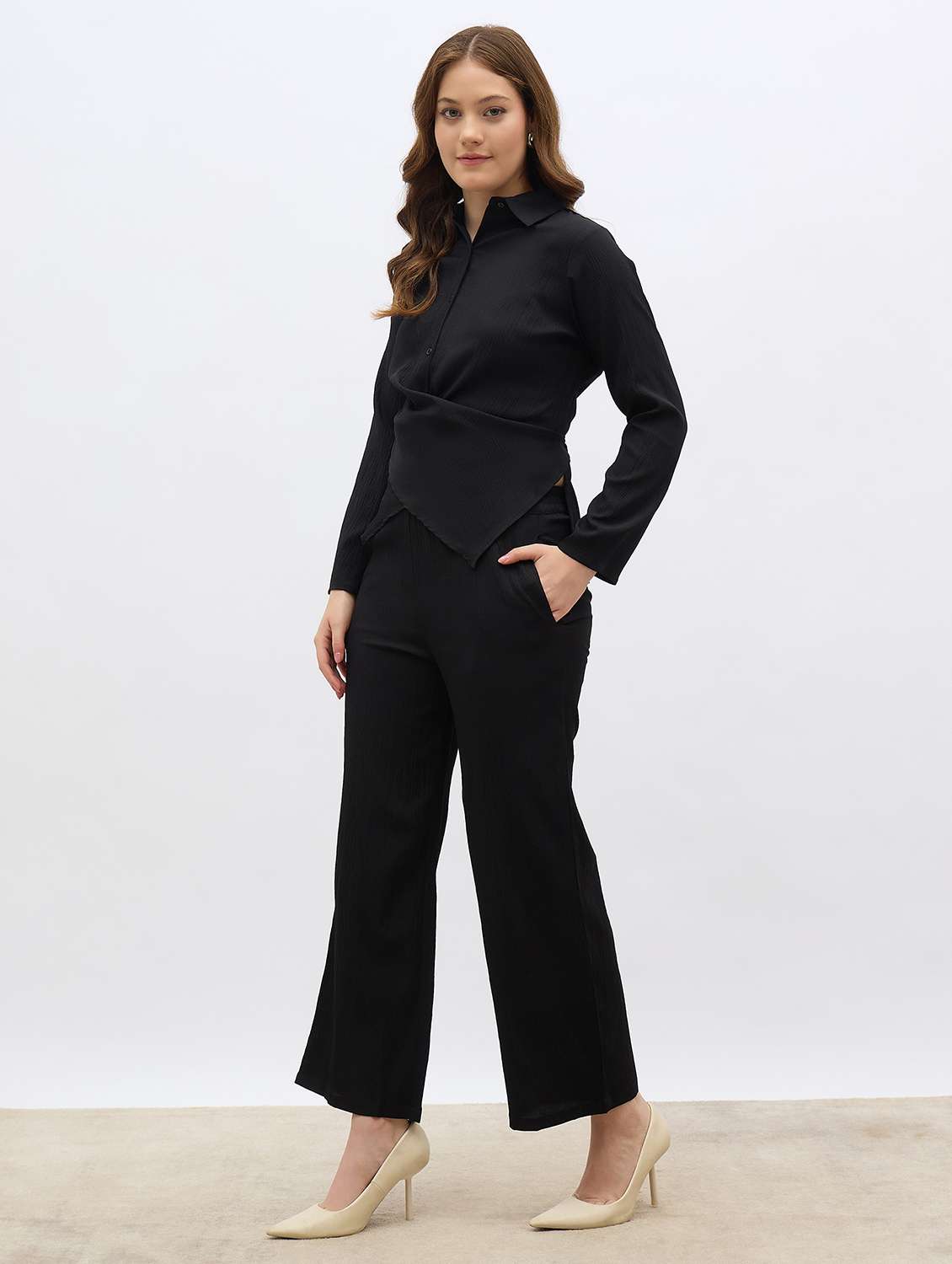 women solid long sleeve shirt and trouser co-ord set - 22005811 -  Standard Image - 1