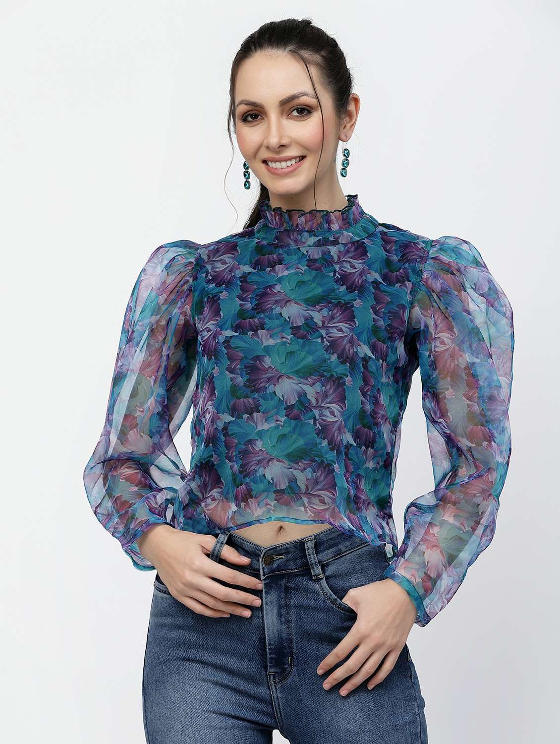 women floral print puff sleeve regular top