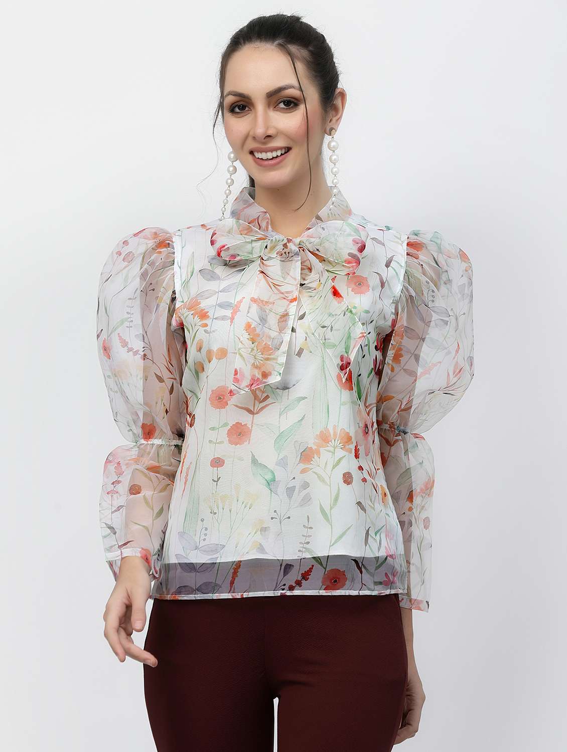 women floral print puff sleeve regular top