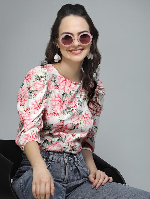 women floral print puff sleeve tie back top - 22006040 - Standard Image - 0