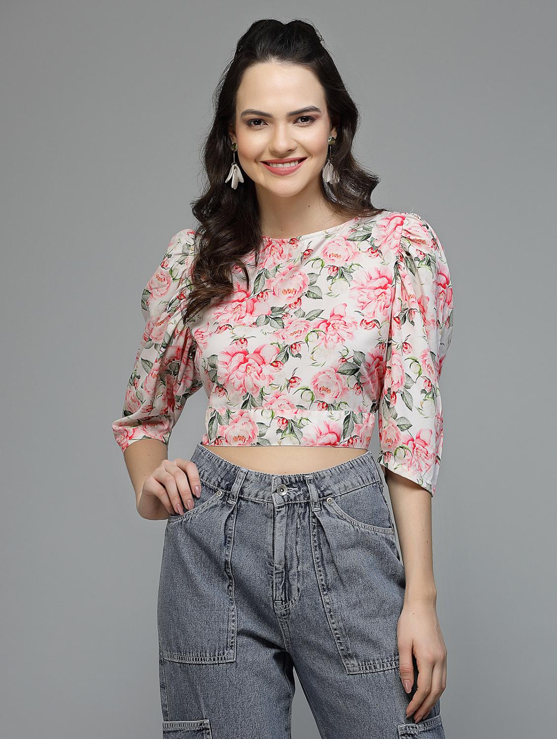women floral print puff sleeve tie back top - 22006040 - Standard Image - 1