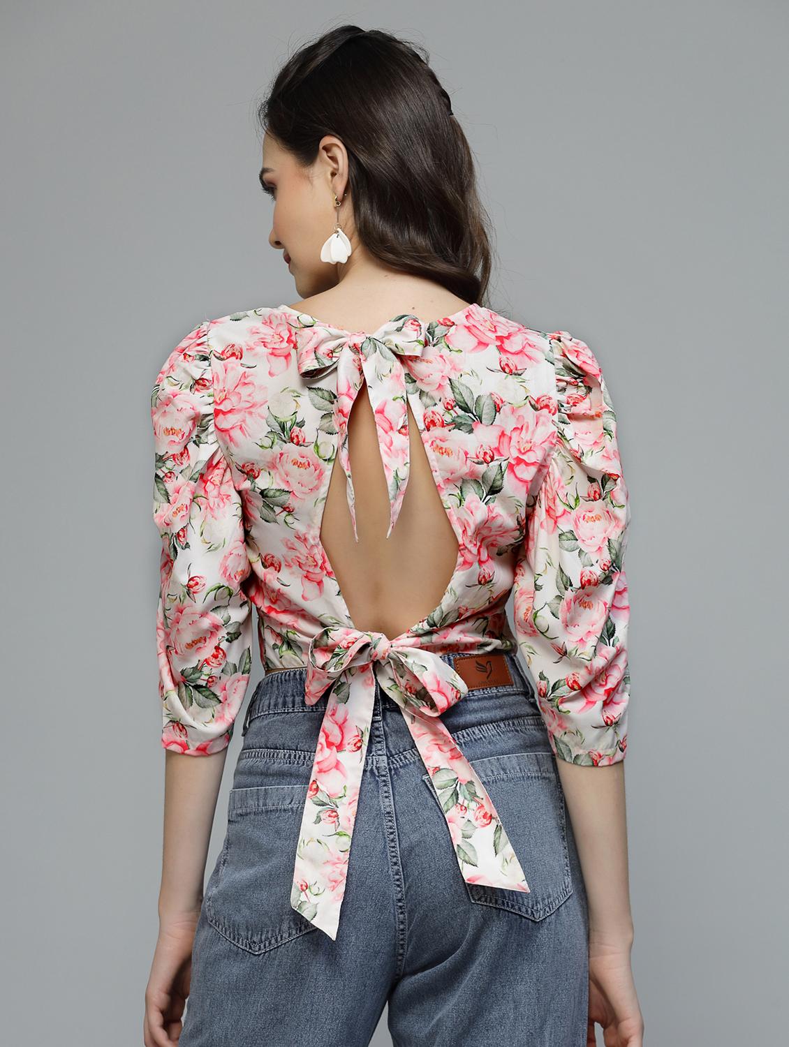 women floral print puff sleeve tie back top - 22006040 - Standard Image - 4