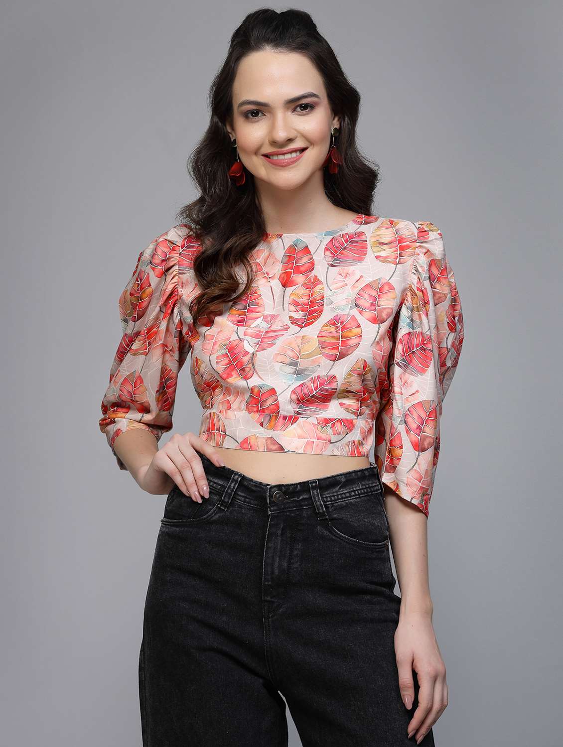 women floral print puff sleeve tie back top - 22006041 - Standard Image - 1