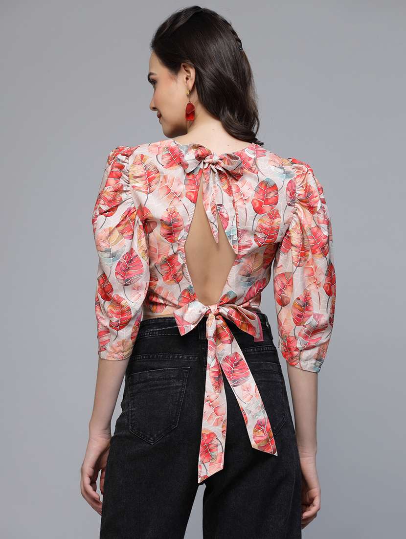 women floral print puff sleeve tie back top - 22006041 - Standard Image - 4