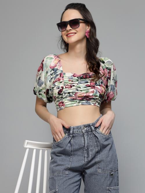 women printed puff sleeve crop top - 22006042 - Standard Image - 0
