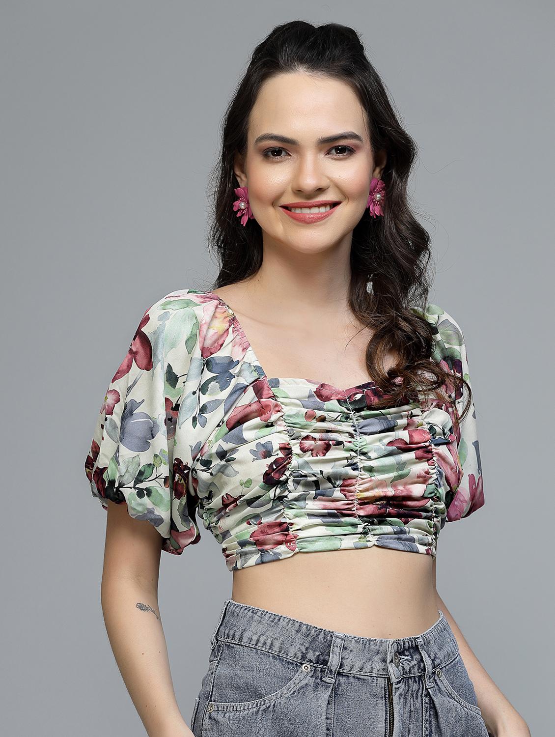 women printed puff sleeve crop top - 22006042 -  Standard Image - 1