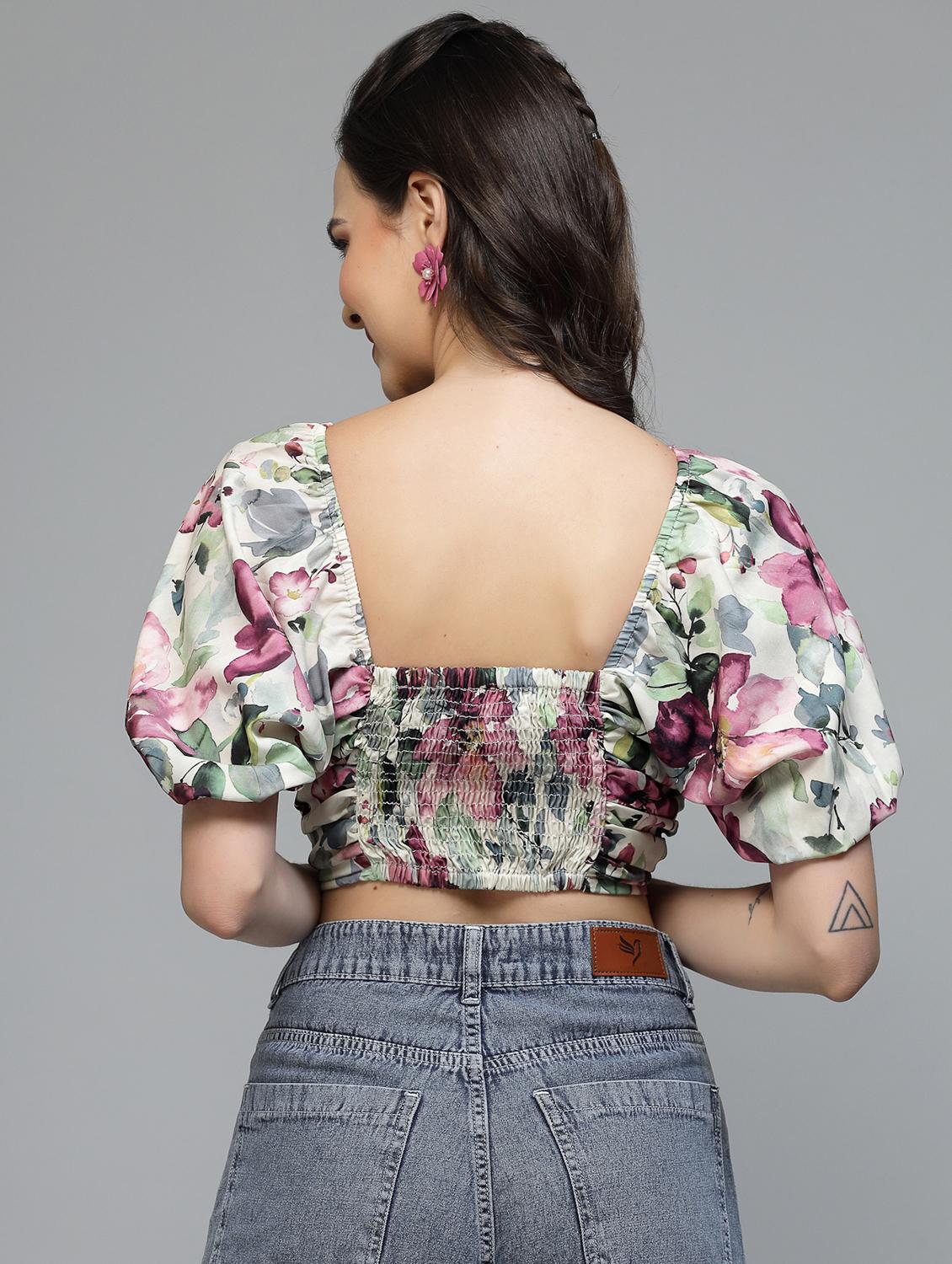 women printed puff sleeve crop top - 22006042 - Standard Image - 4