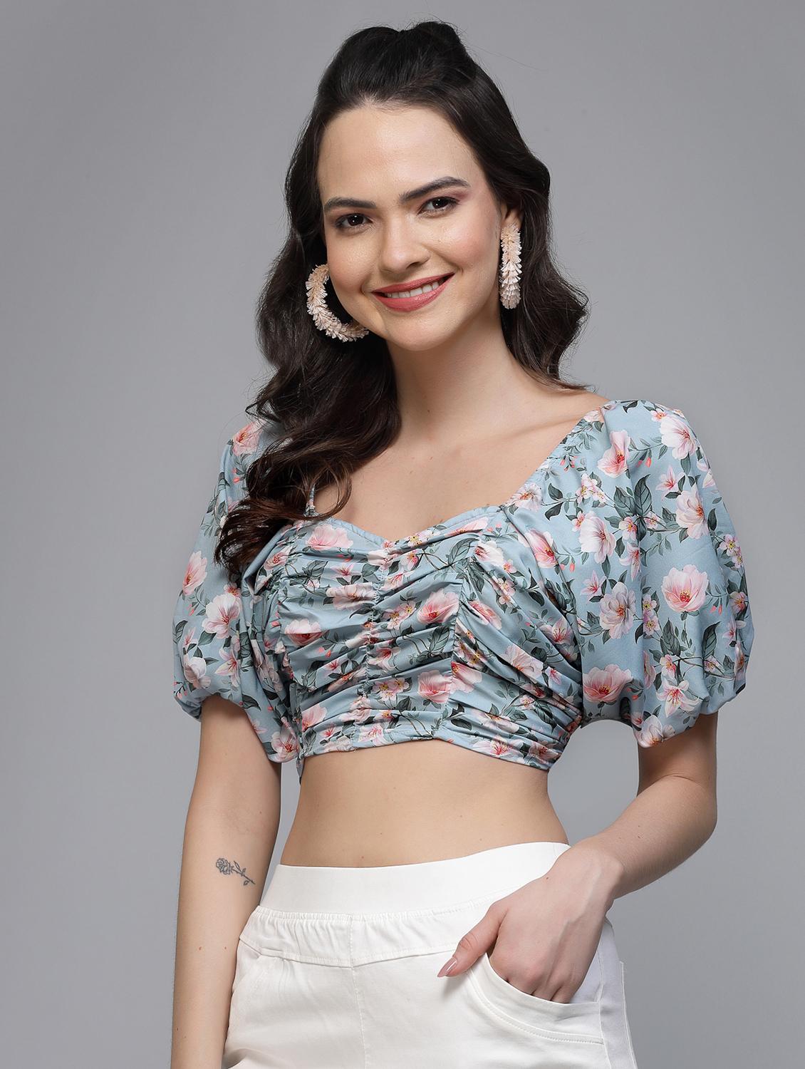 women printed puff sleeve crop top - 22006043 - Standard Image - 1