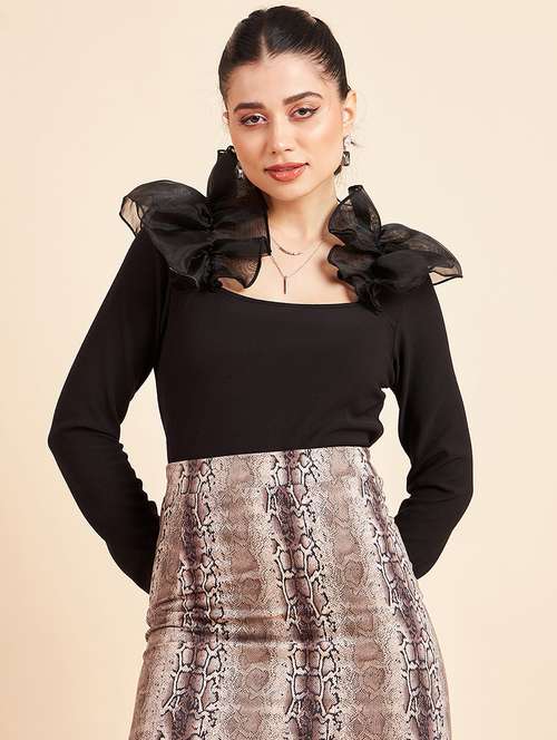 women solid ruffled neck long sleeve top - 22006044 - Standard Image - 0