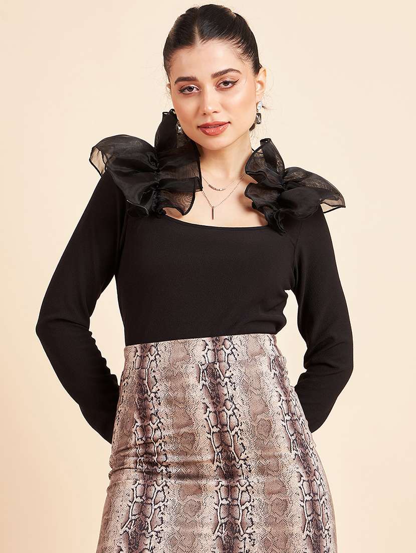 women solid ruffled neck long sleeve top - 22006044 - Zoom Image - 0