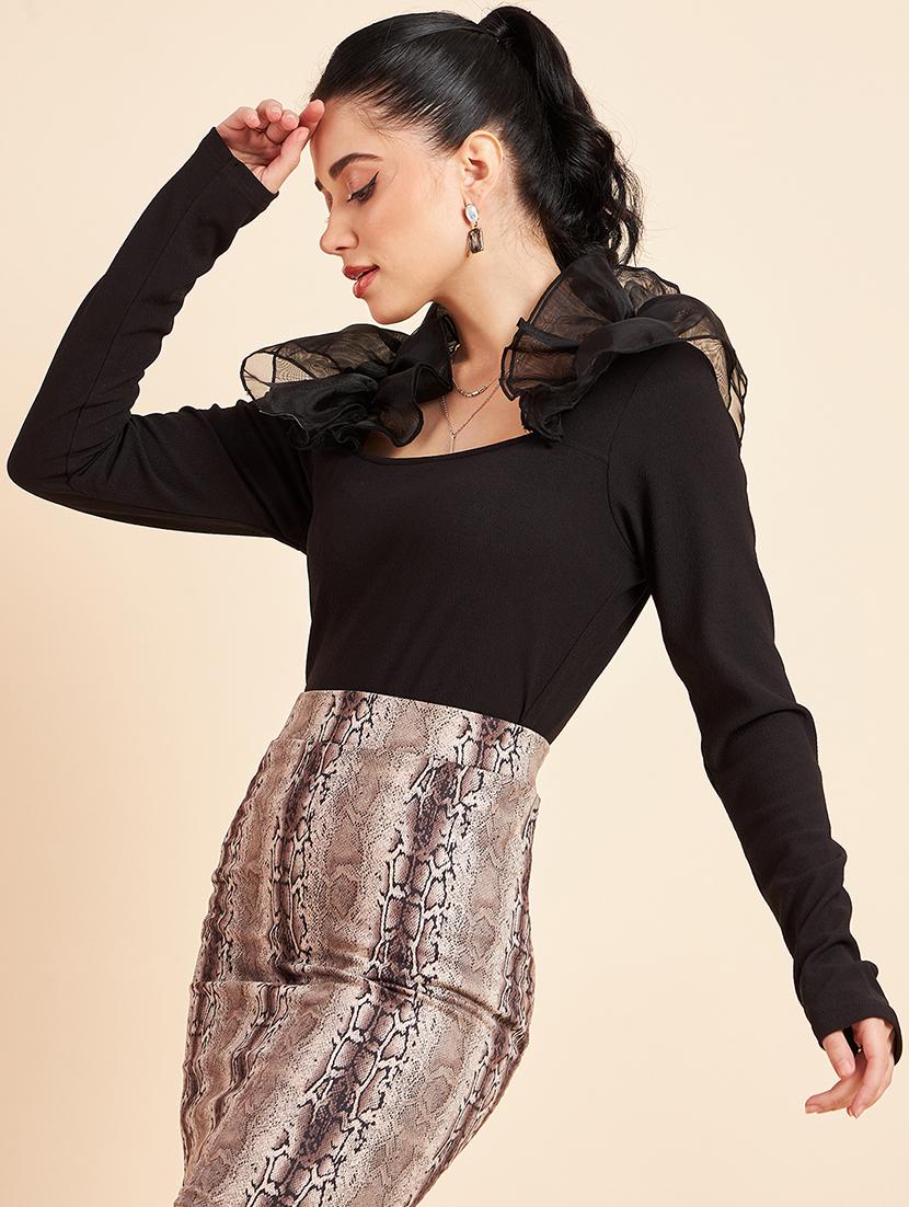 women solid ruffled neck long sleeve top - 22006044 - Standard Image - 1
