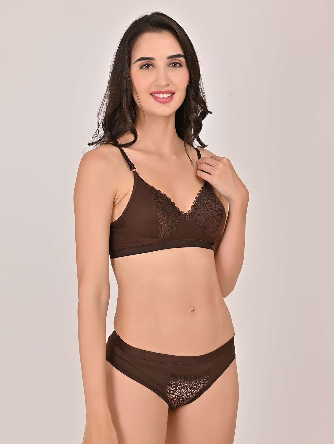 women solid lace bra and panty set - 22006188 -  Standard Image - 1