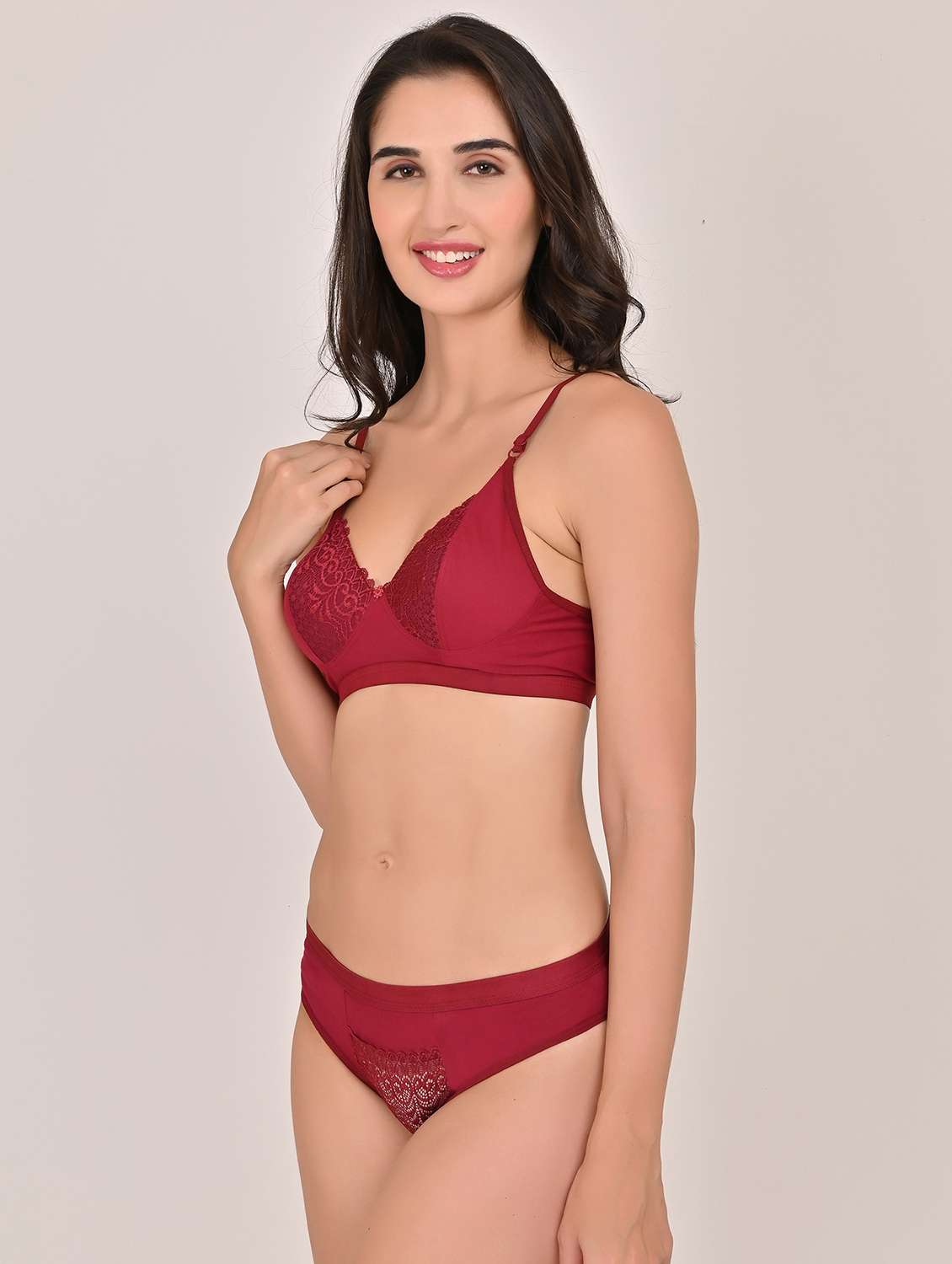 women solid lace bra and panty set - 22006189 -  Standard Image - 1