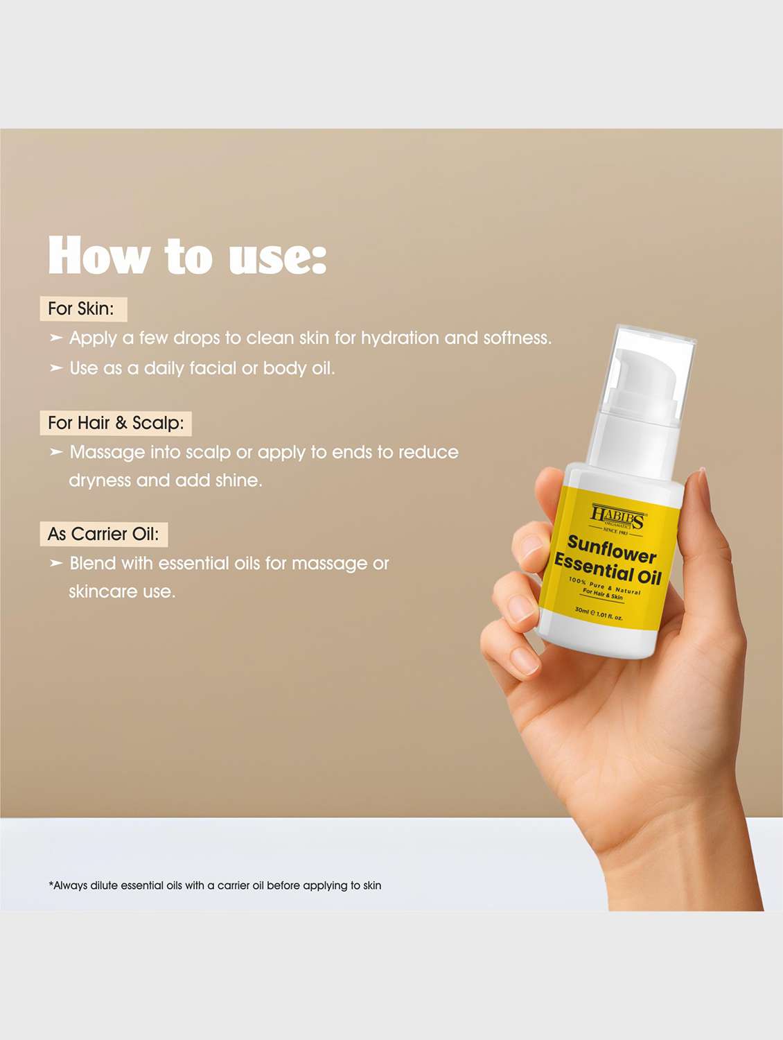 sunflower carrier oil - 100% natural, cold-pressed for skin, hair & massage 30ml - 22006224 -  Standard Image - 6