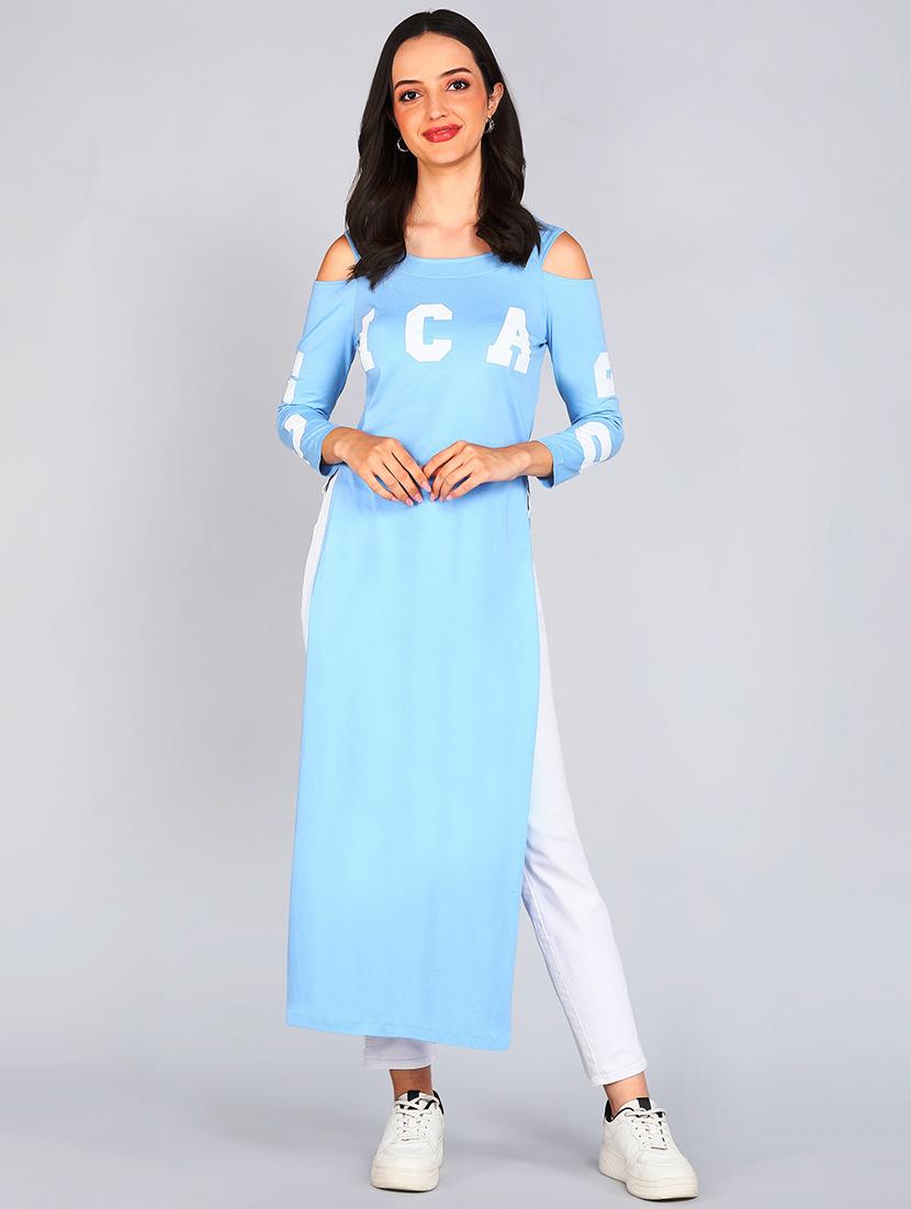 women typographic cold shoulder long top - 22006251 -  Standard Image - 1