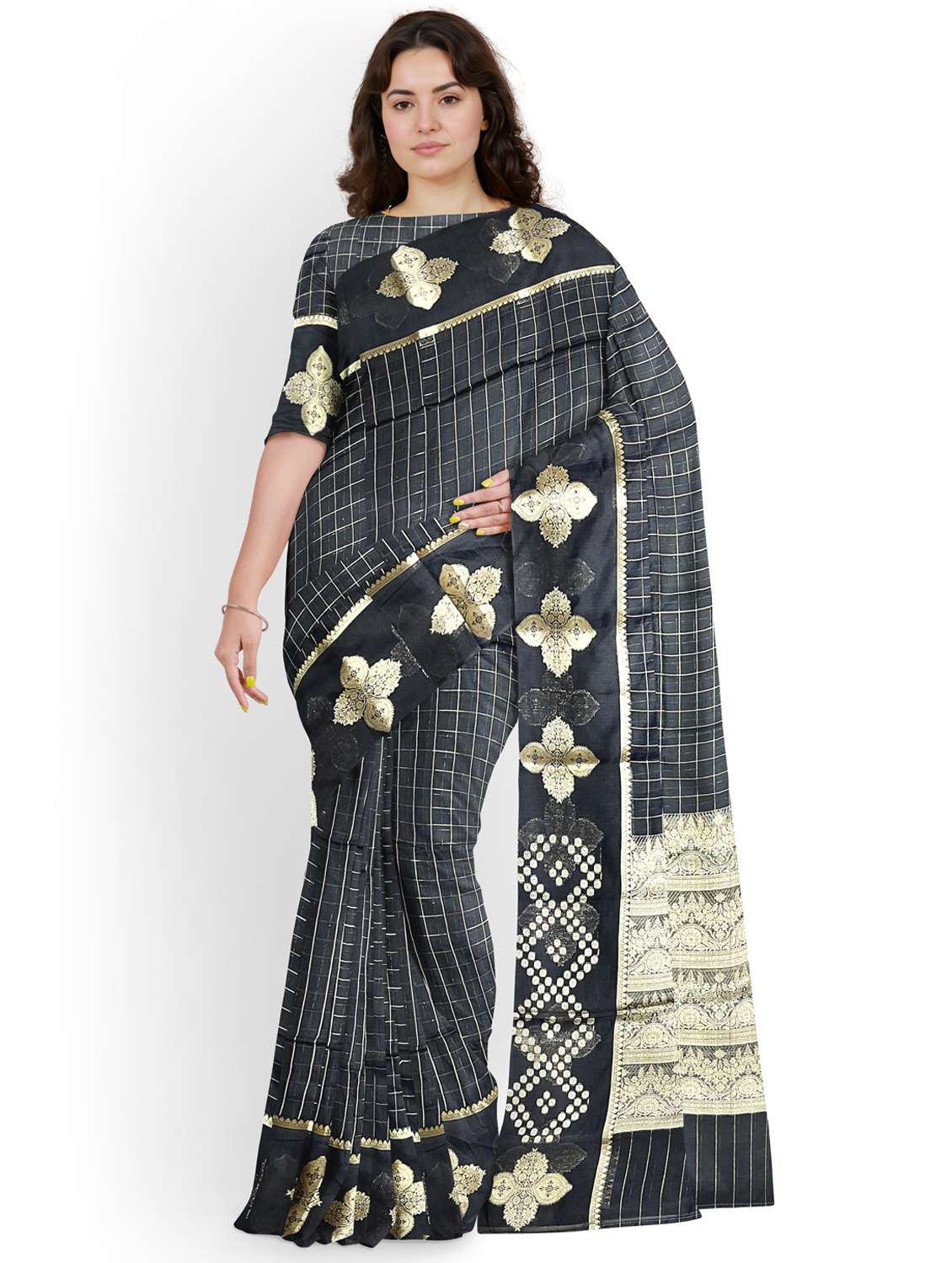 women checkered bordered saree with blouse - 22006262 -  Standard Image - 1