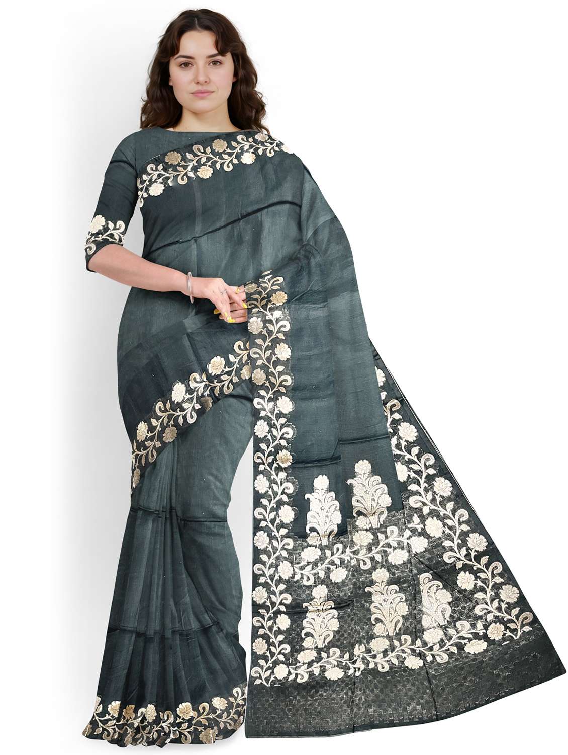 women solid with bordered saree with blouse