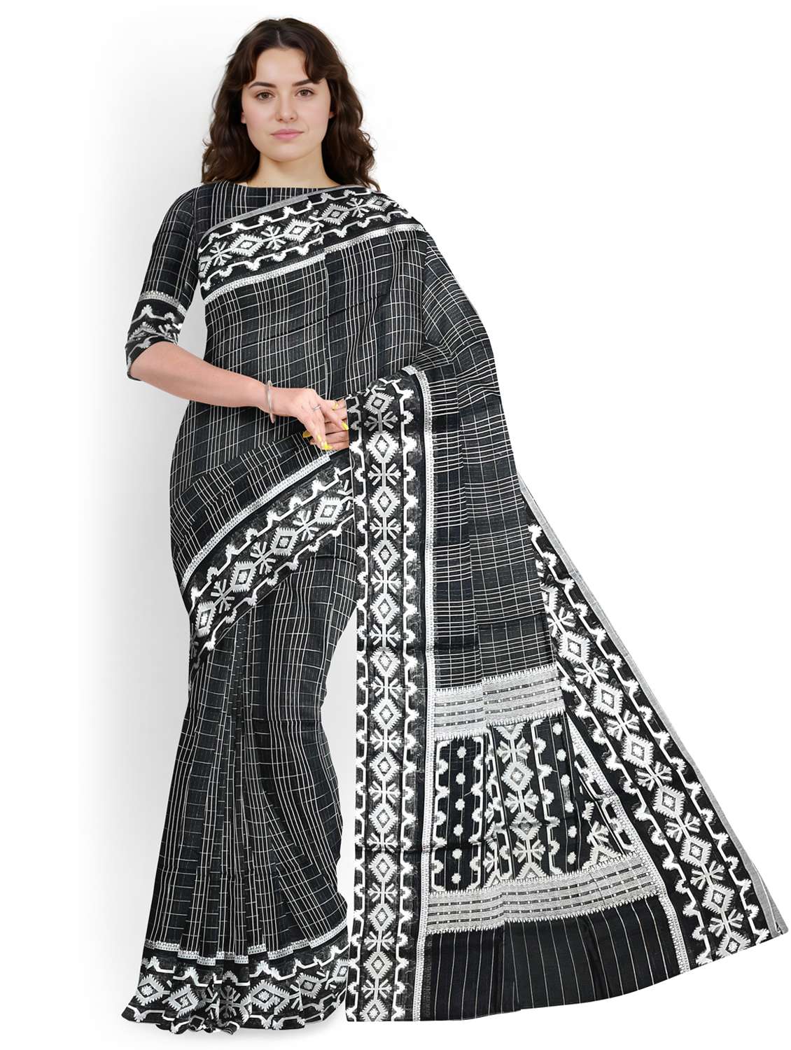 women checkered bordered saree with blouse