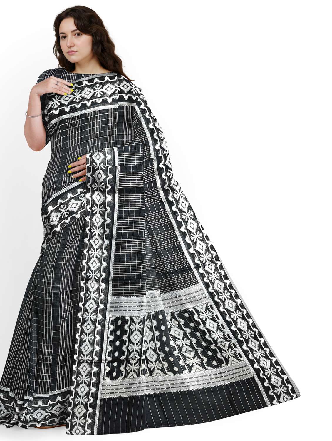 women checkered bordered saree with blouse - 22006267 -  Standard Image - 1