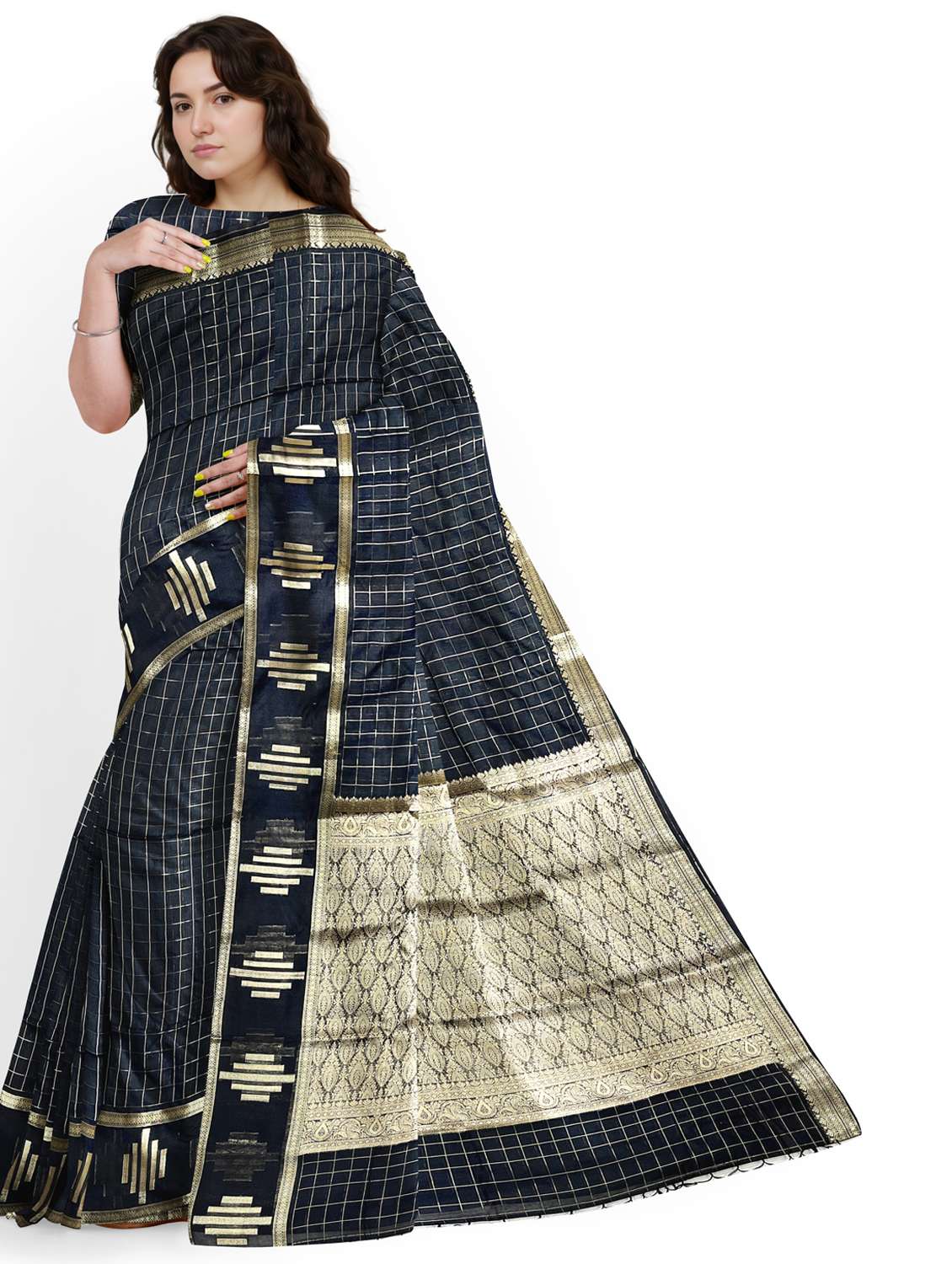 women checkered bordered saree with blouse - 22006268 -  Standard Image - 1