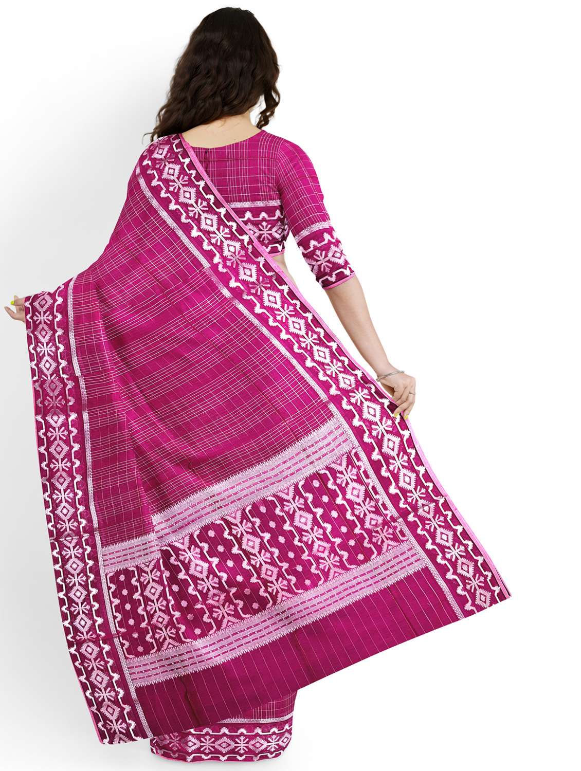 women checkered bordered saree with blouse - 22006269 -  Standard Image - 1