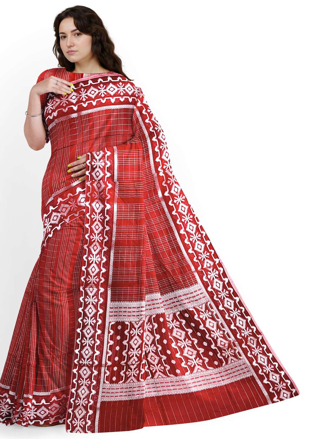 women checkered bordered saree with blouse - 22006271 -  Standard Image - 1