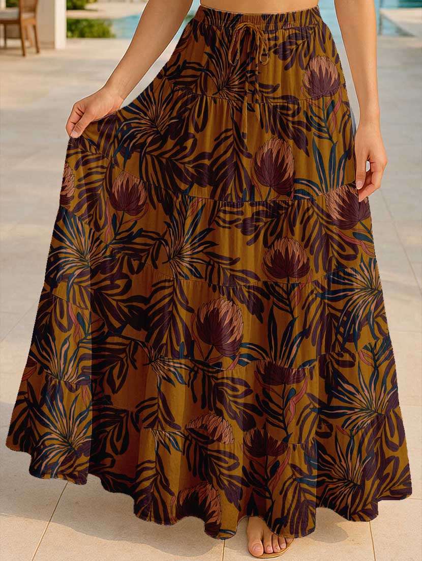 women floral printed high rise maxi tiered skirt