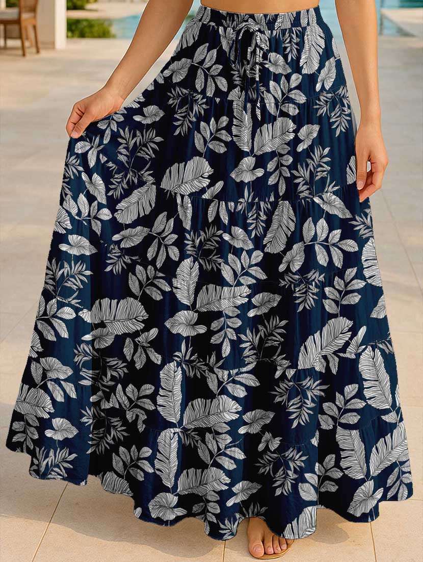 women tropical printed high rise maxi tiered skirt