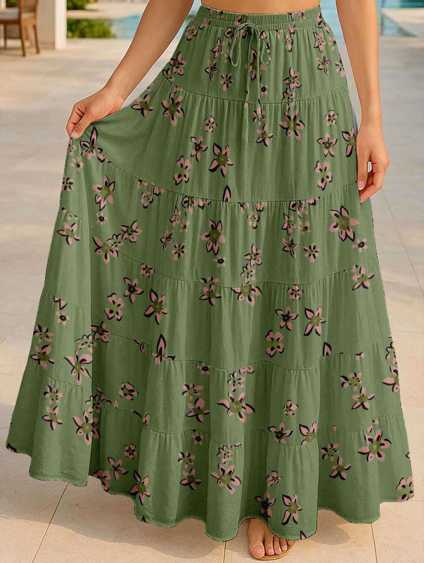 women floral printed high rise maxi tiered skirt