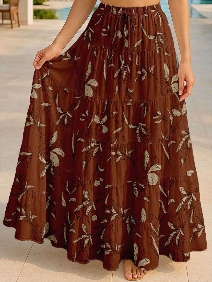 women floral printed high rise maxi tiered skirt