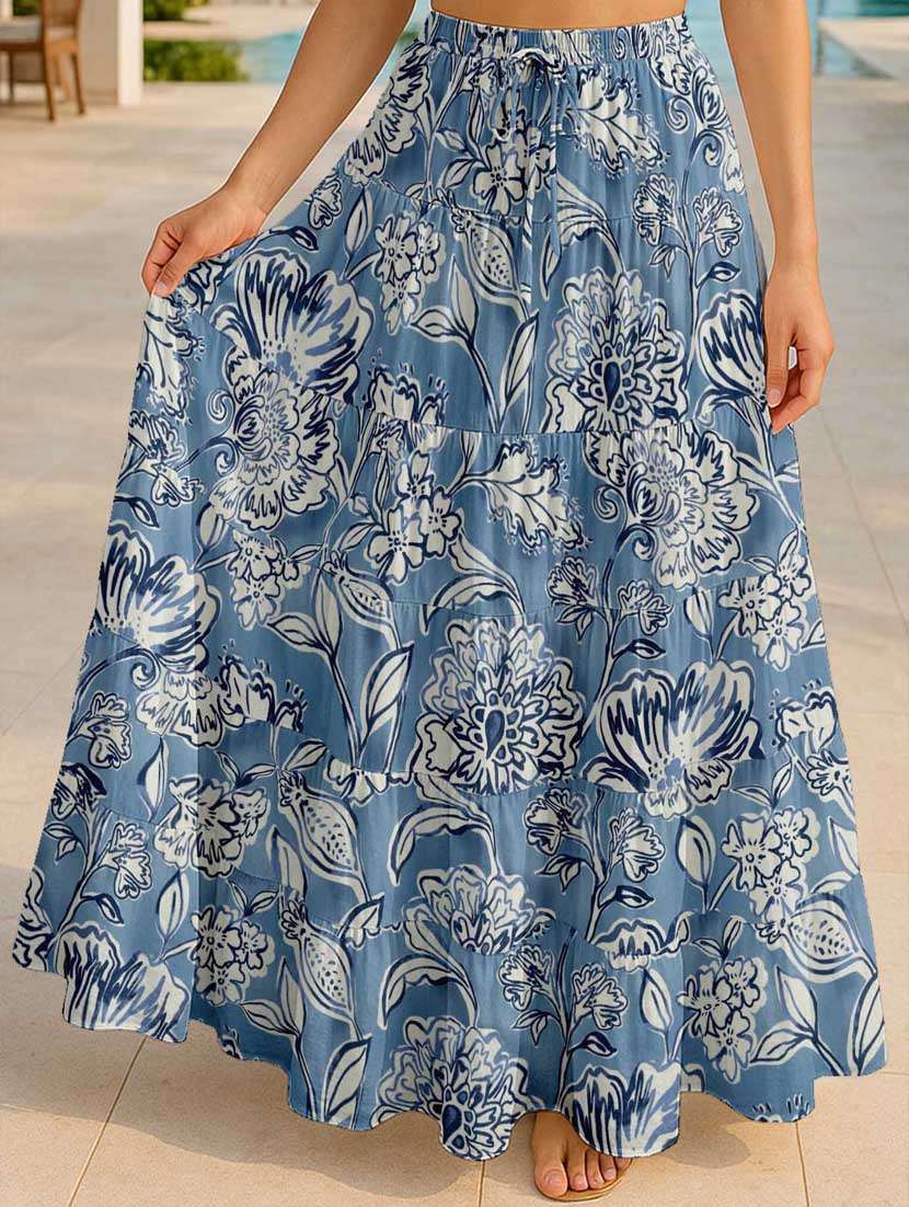 women floral printed high rise maxi tiered skirt