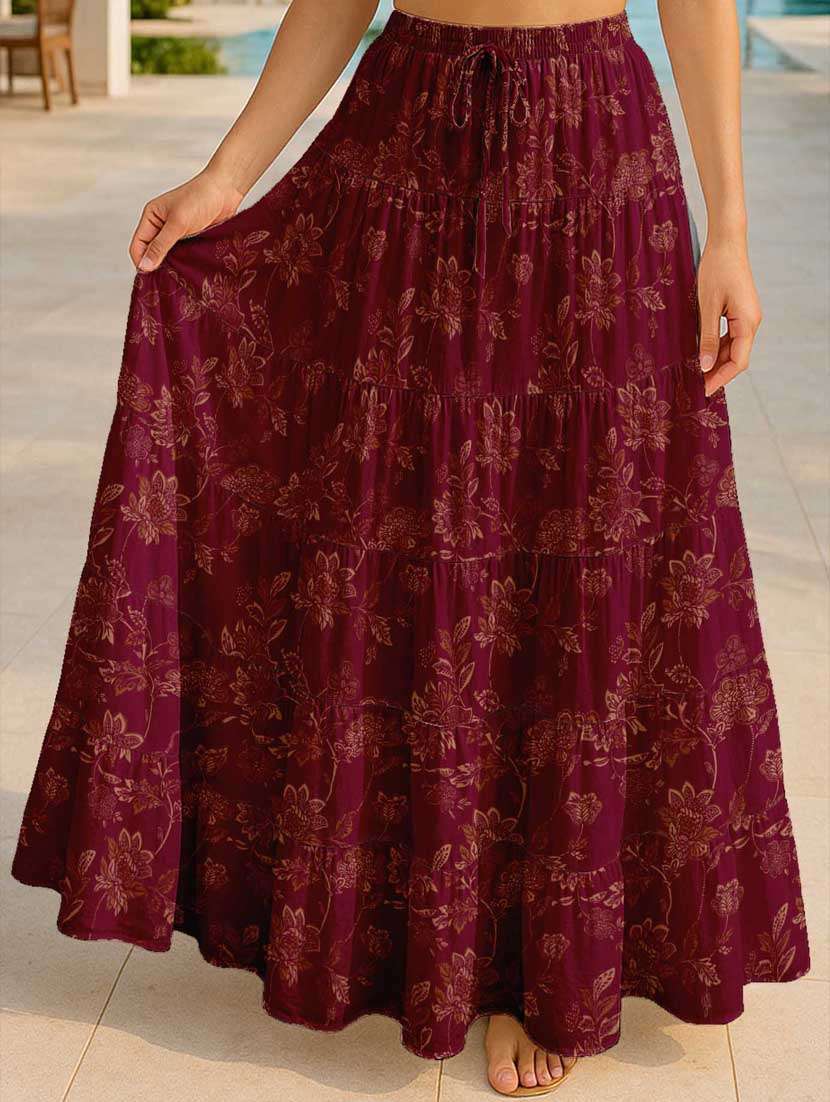 women floral printed high rise maxi tiered skirt