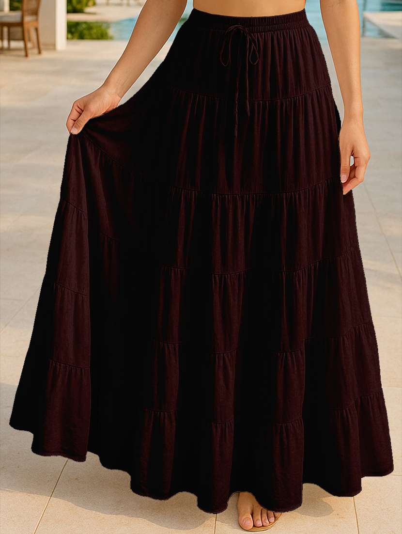 women solid high rise maxi tiered skirt