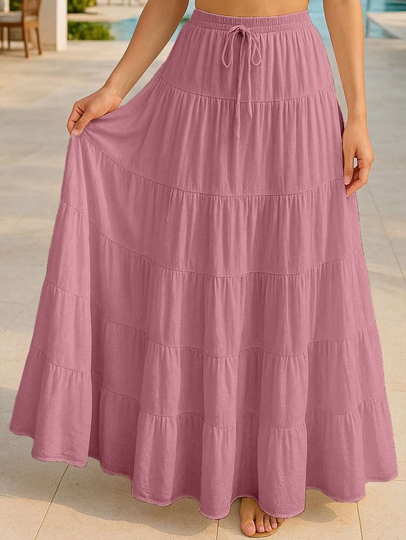 women solid high rise maxi tiered skirt