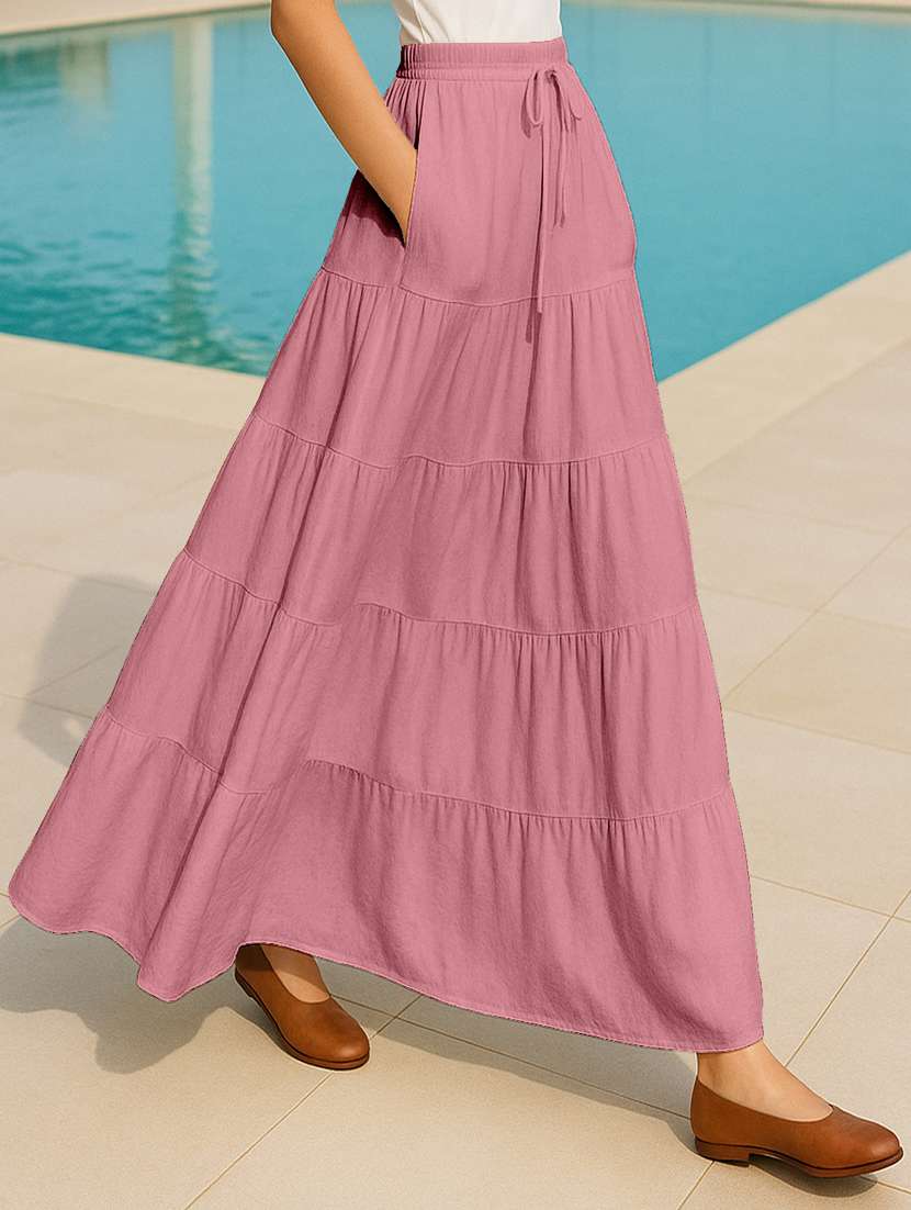 women solid high rise maxi tiered skirt - 22006309 -  Standard Image - 1