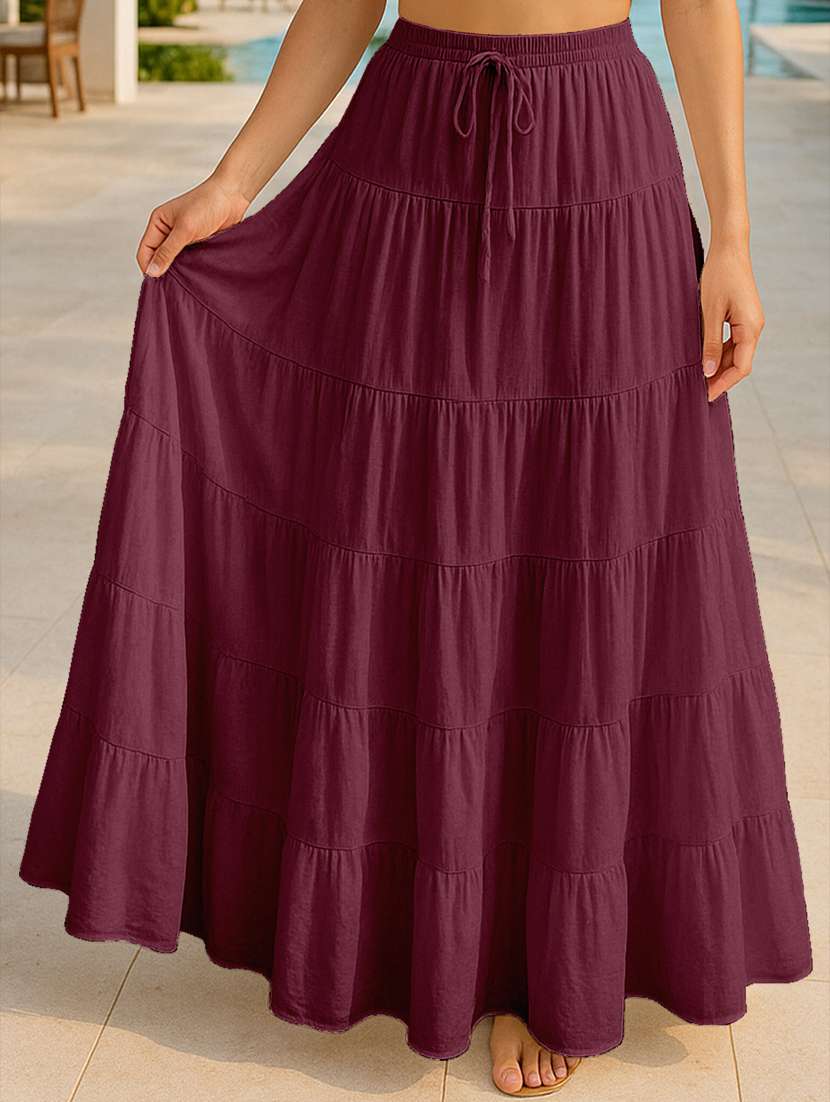 women solid high rise maxi tiered skirt