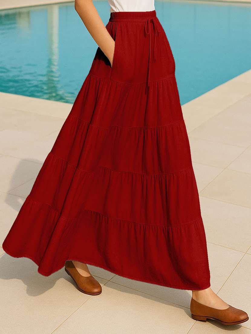 women solid high rise maxi tiered skirt - 22006313 -  Standard Image - 1