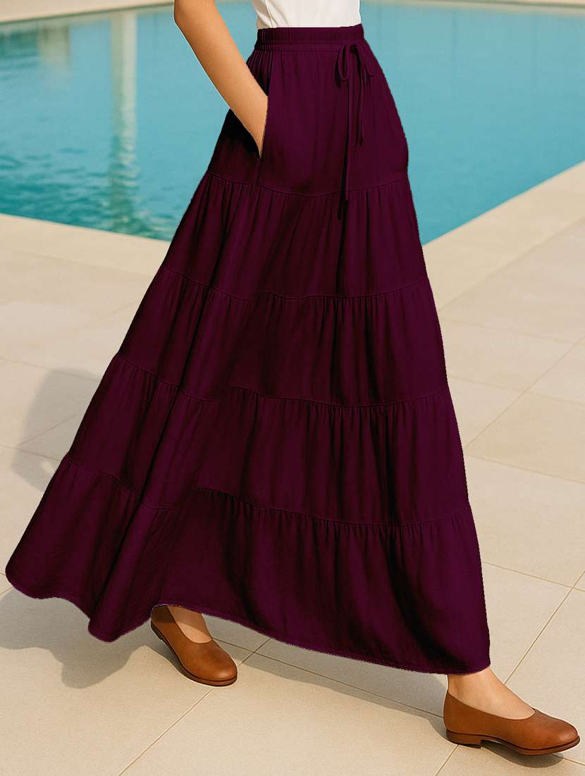 women solid high rise maxi tiered skirt - 22006314 -  Standard Image - 1