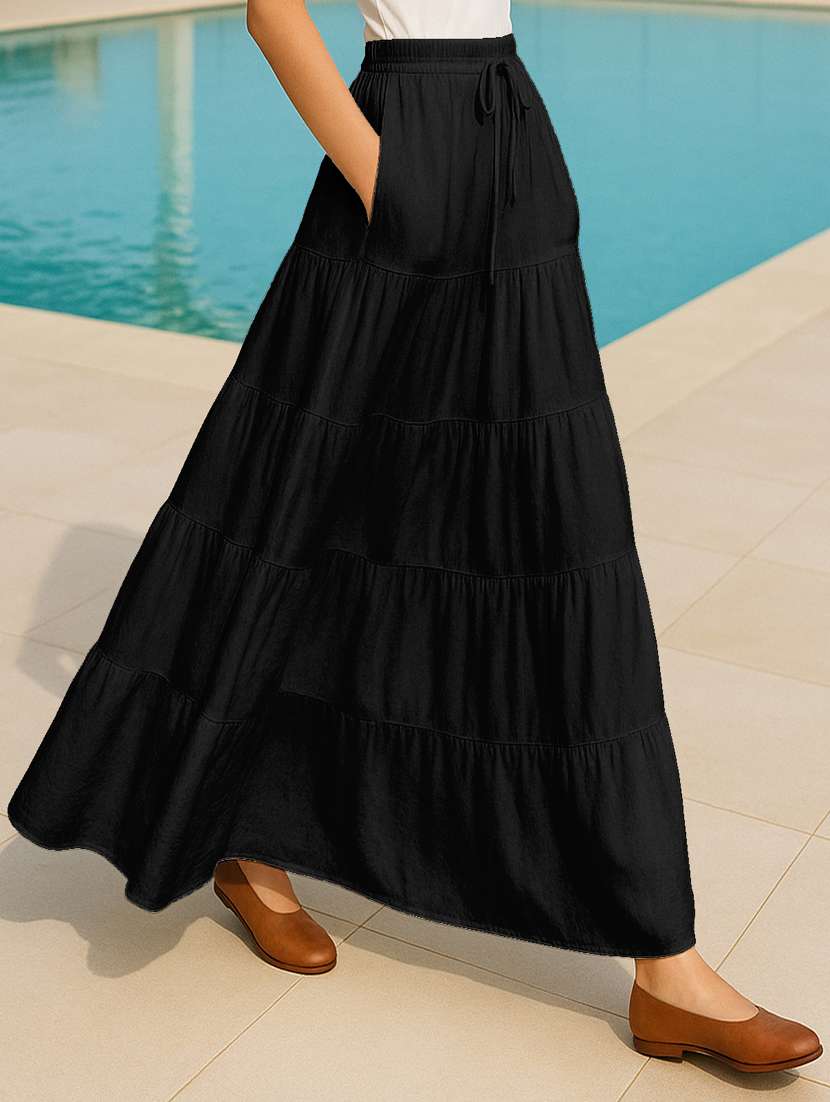 women solid high rise maxi tiered skirt - 22006316 -  Standard Image - 1