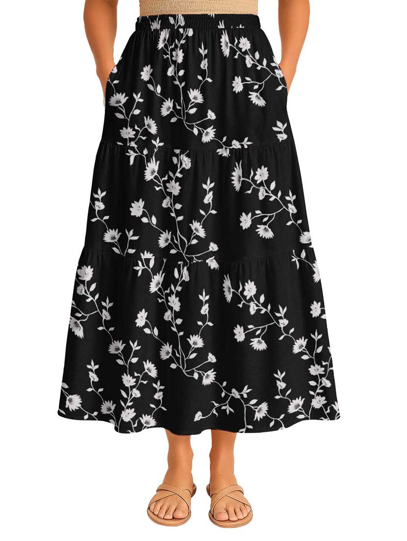 women floral printed high rise maxi tiered skirt