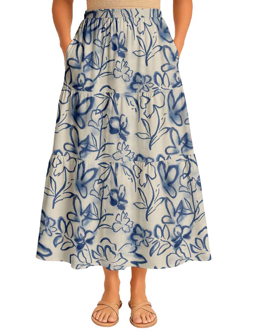 women floral printed high rise maxi tiered skirt