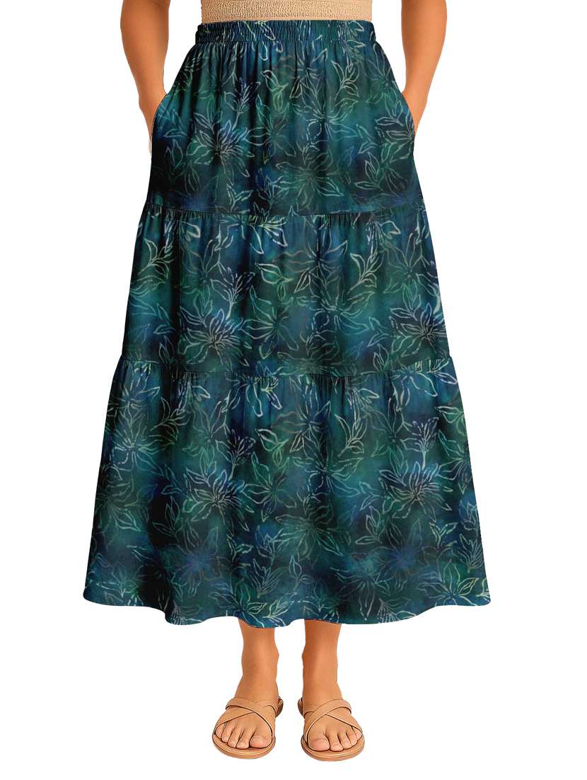 women floral printed high rise maxi tiered skirt